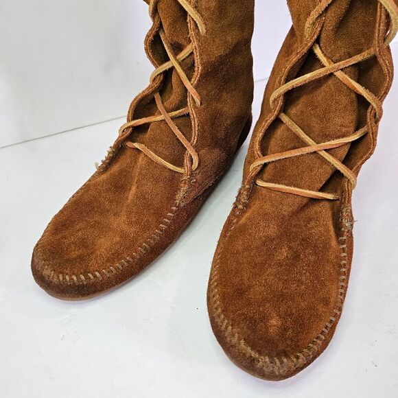 Minnetonka Brown Lace Front Knee High Suede Fringe Moccasins Festival Boots Sz 7 - Picture 4 of 11
